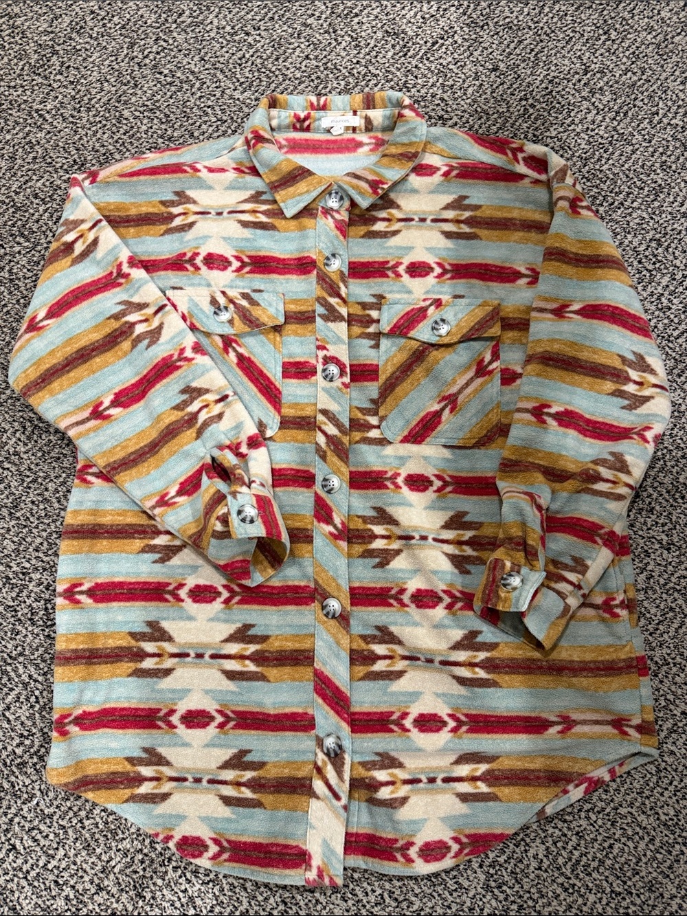 Maurices Aztec-Pattern Button-Down Shirt Jacket in mint green, Red & Brown